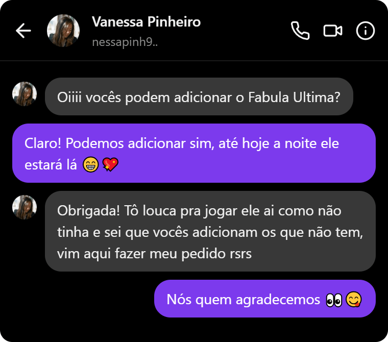 Vanessa Pinheiro solicita Fabula Ultima e recebe uma resposta do suporte.