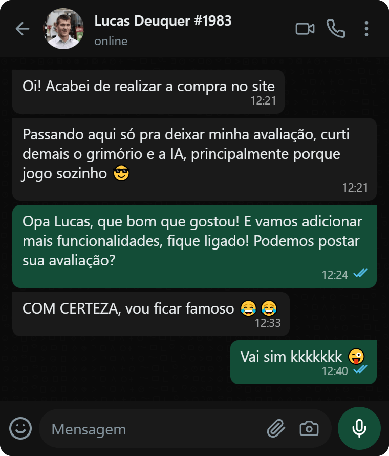 Lucas Deuquer elogia o grimório e a IA para jogar sozinho.